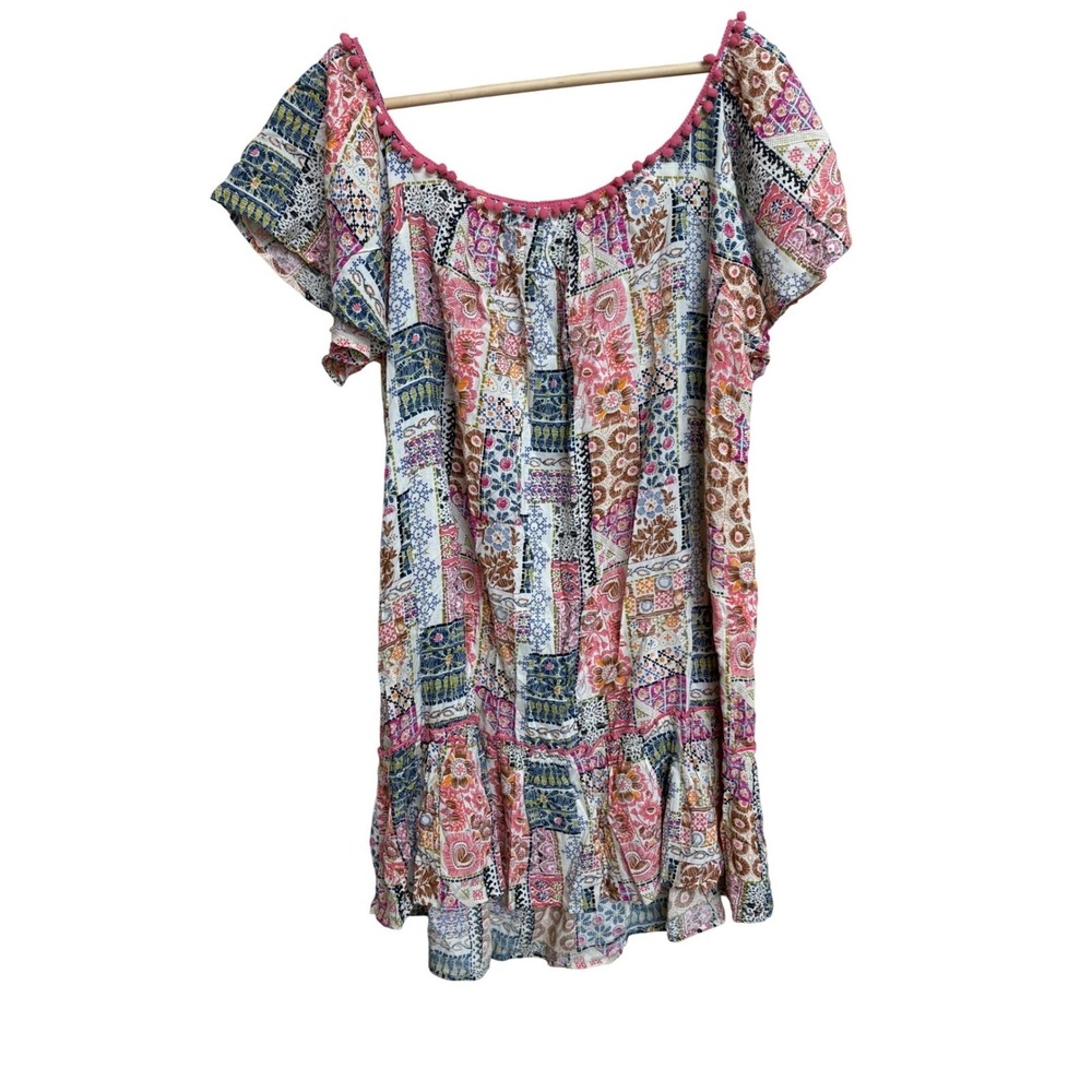 Umgee Pink Multi-Pattern Ruffled Peasant Tunic - Picture 4 of 9